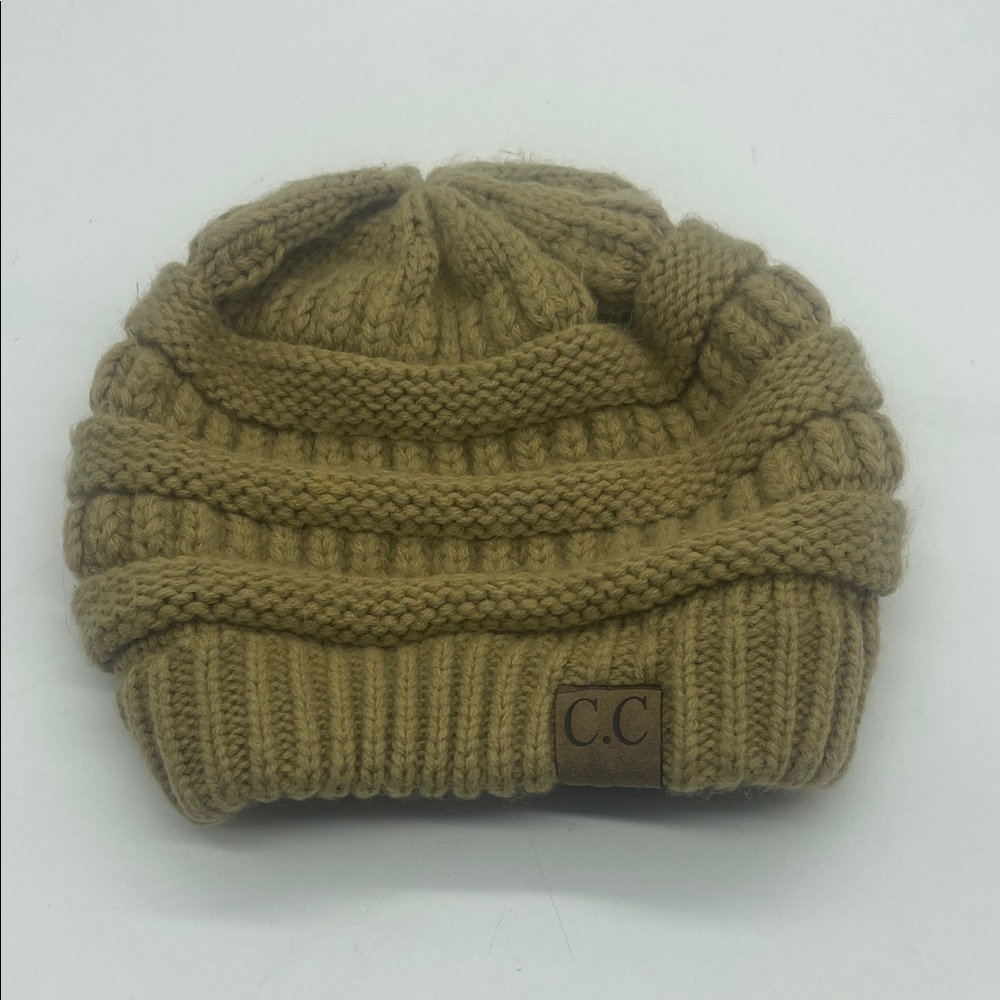 C.C Cuffless Cable Knit Women's Beanie Sock Hat Beige Winter Warm